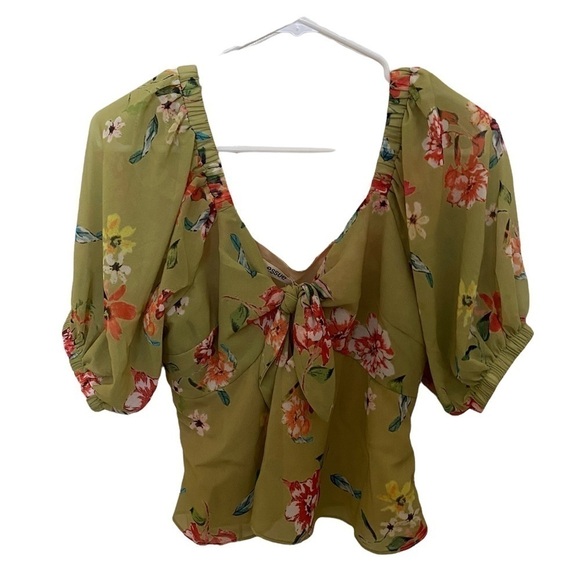 NWT ESSUE Green Floral Puff Sleeve w/ Front Tie Women S Small - Picture 2 of 6